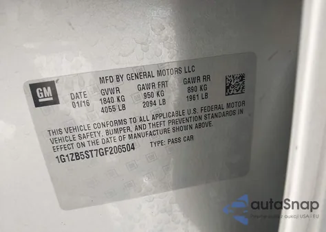 2016 Chevrolet Malibu Ls z USA, uszkodzony, nr VIN 1G1ZB5ST7GF206504